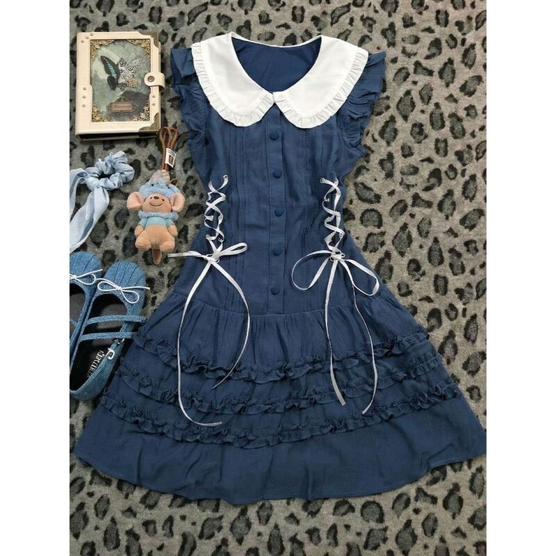 In stock: Soft blue sweetheart spring-summer sweet style vintage sleeveless dress with a doll collar design In stock: Soft blue sweetheart spring-summer sweet style vintage sleeveless dress with a doll collar design