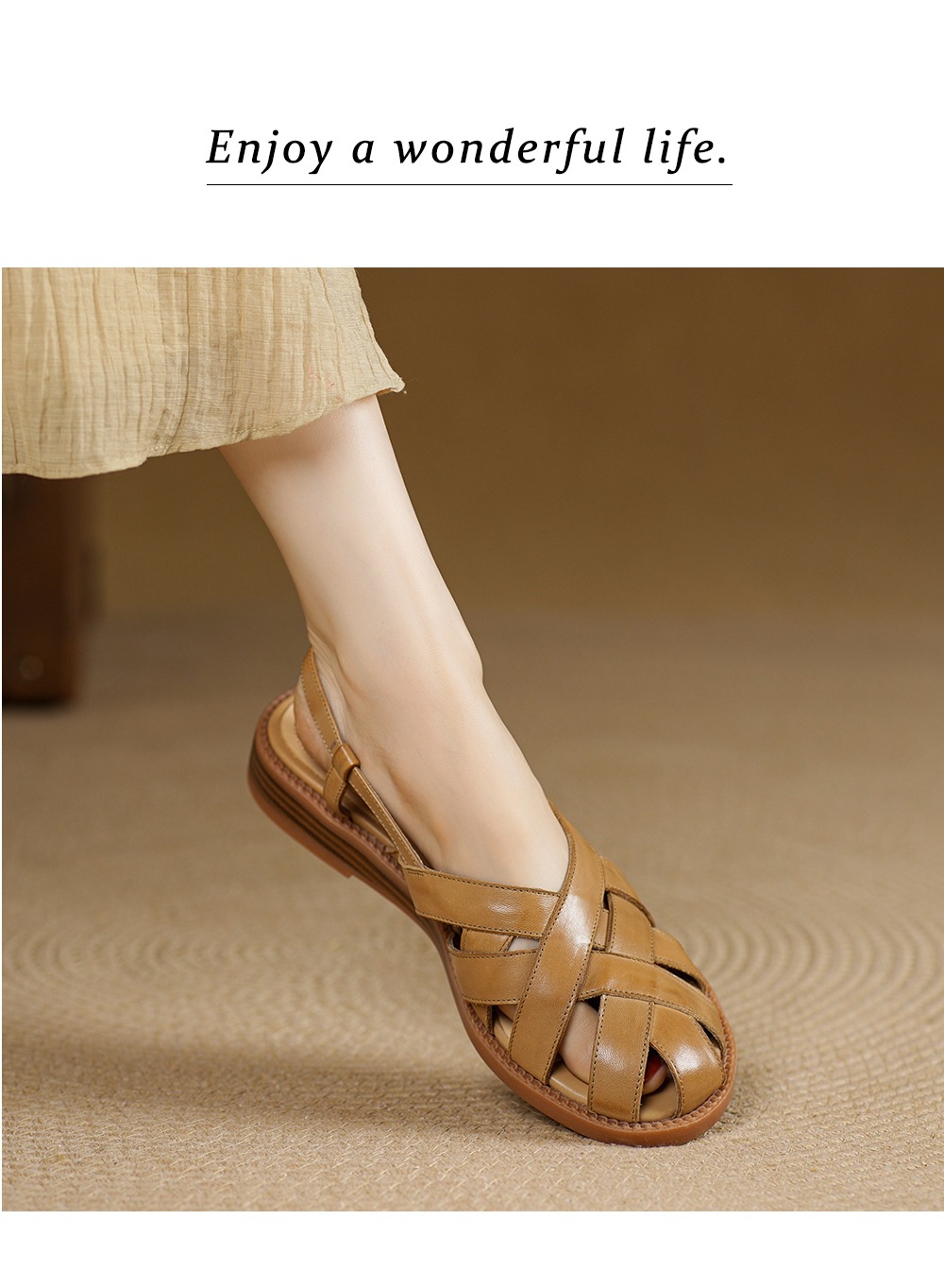 Dép sandal nữ mũi nhọn da bò quai chữ v gót thấp — màu be chi tiết 8