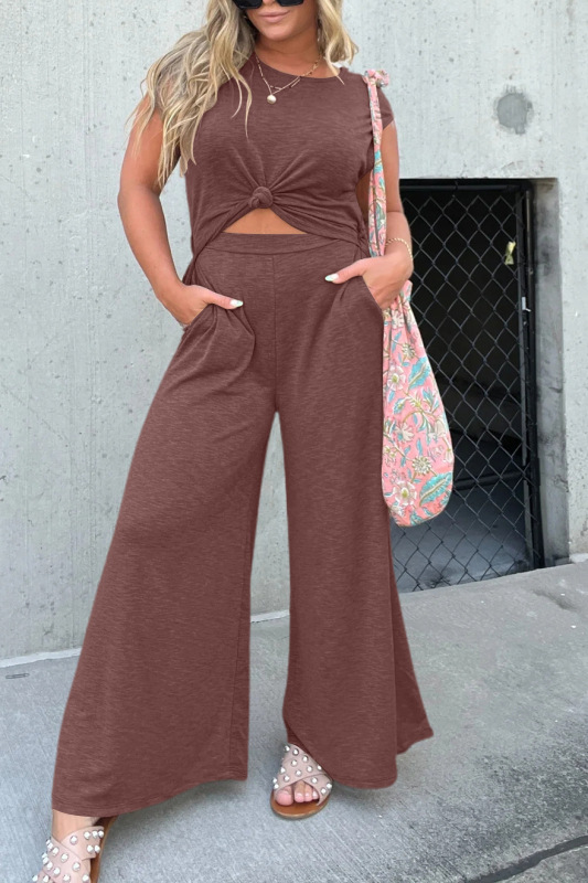 Estación independiente transfronteriza Amazon 2023 primavera y verano de las mujeres de color algodón color sólido cintura elástica Pantalones anchos mono de mujer casual