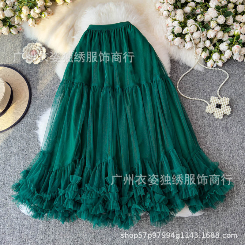 Skirt 舞会蓬蓬裙2025新款松紧腰网纱荷叶边超大摆半身蛋糕裙女|undefined
