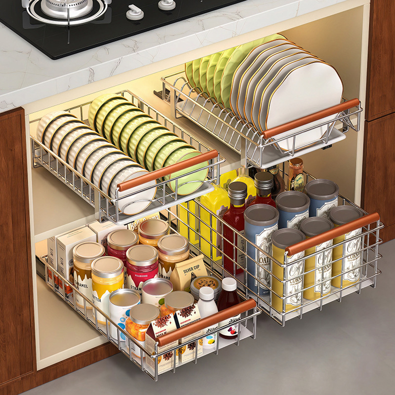 新款抽拉式免打孔沥水碗碟架橱柜厨房滑轨碗盘子沥水置物架碗盘架