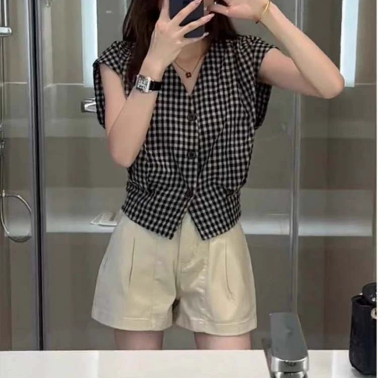 Ретро рубашка без рукавов, летняя тонкая футболка с коротким рукавом, V-образный вырез