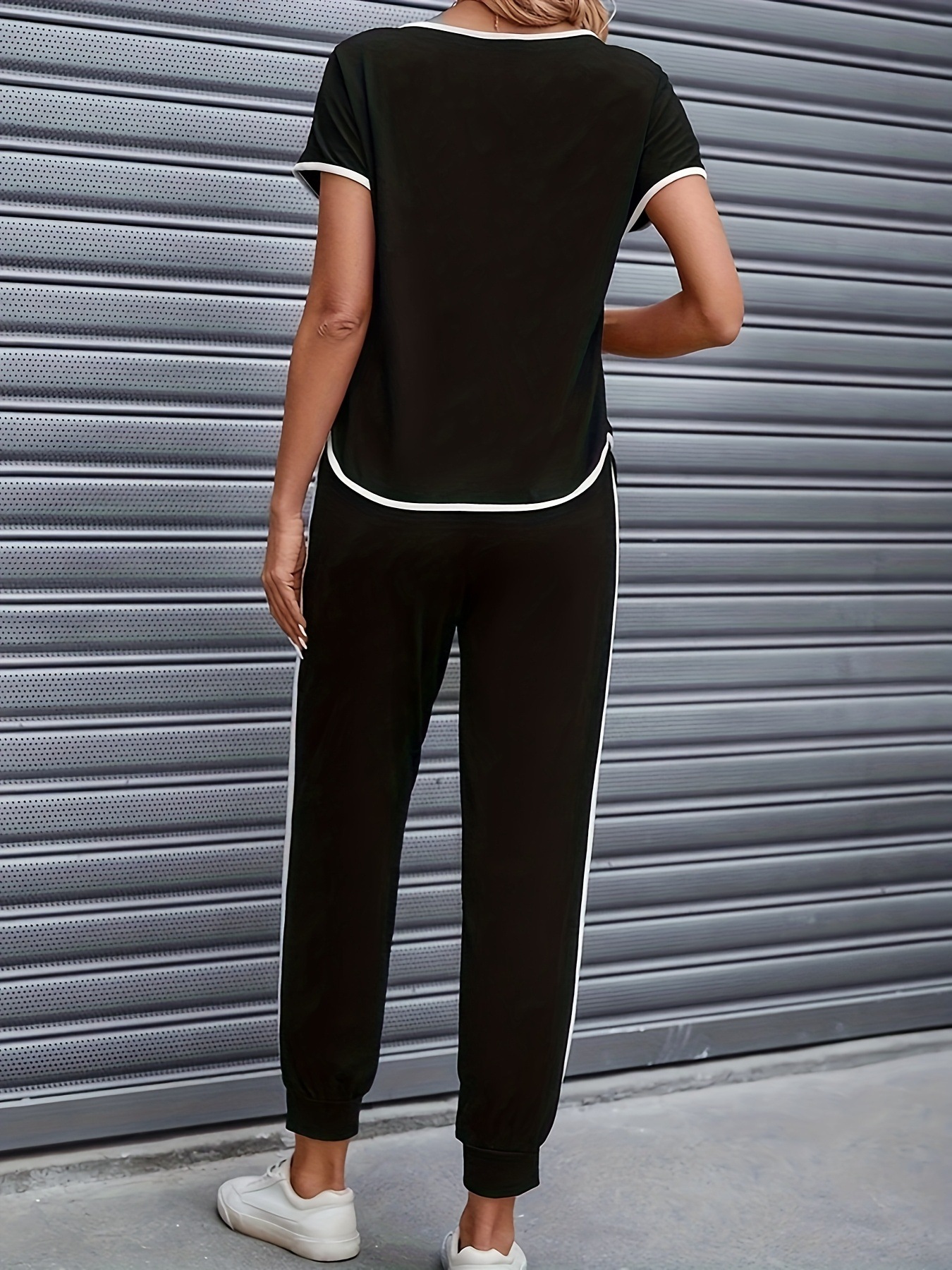 Women's Clothing Color Block Trim Casual Suit Spring Summer Autumn American Style Simple Loose Fit Short Sleeved Set_ecoleips.com