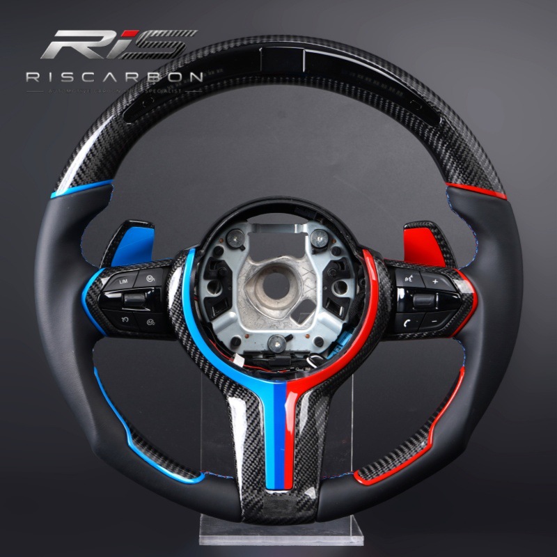 Carbon fiber red and blue dual-tone flat-bottom steering wheel with LED lights, compatible with BMW F30F10F11F15F16F20F18