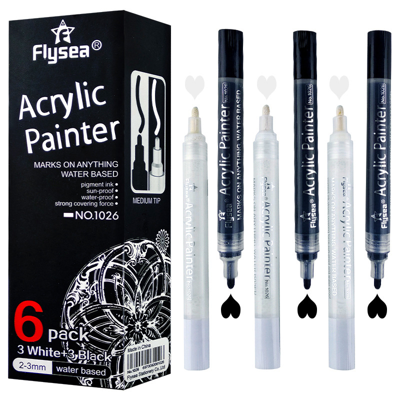 Black and white high-light pen marker pen set flysea ceramic art painting graffiti white acrylic pen 