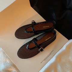 秒發！葡萄媽同款鞋閃閃水鑽一字扣帶圓頭平底淺口瑪麗珍單鞋