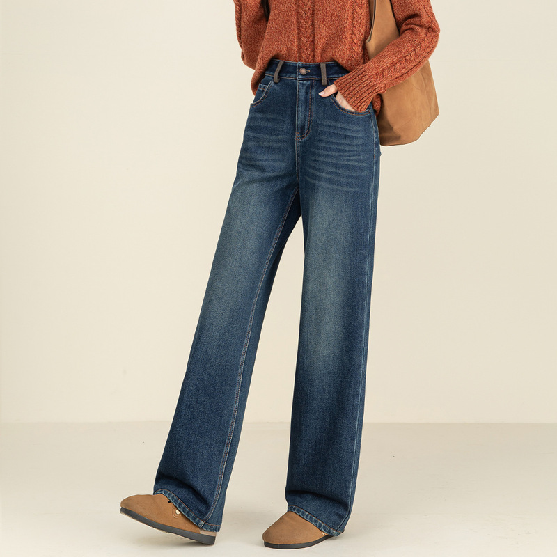Xin Ge Fleece-Lined Slim-Fit Wide-Leg Pants for Women 2026 Winter High-Waisted Elastic Retro Dark Blue Leg-Lengthening Straight-Leg Denim Trousers Xin Ge Fleece-Lined Slim-Fit Wide-Leg Pants for Women 2026 Winter High-Waisted Elastic Retro Dark Blue Leg-Lengthening Straight-Leg Denim Trousers