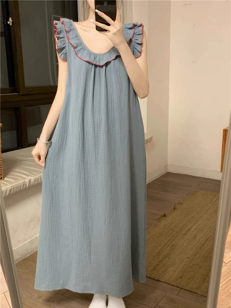 Summer Sleeveless Pajama Dress, Princess Style, Blue, Sizes M–XXL