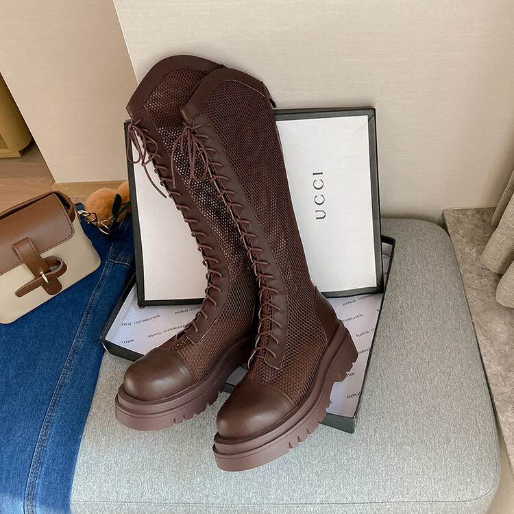 Boot lưới da thật cổ cao đế dày thoáng khí mùa xuân hè phong cách kỵ sĩ buộc dây — Màu nâu ống lớn, Màu đen cổ ống lớn, Ống nhỏ màu đen, Ống nhỏ màu be chi tiết 100