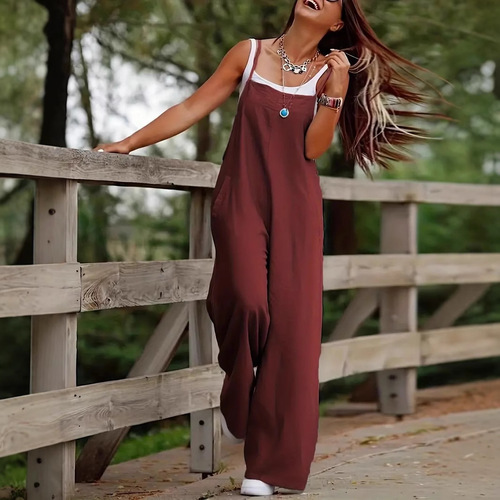 Hot-selling independent station wish European and American women's clothes pure color women's casual pants jumpsuit