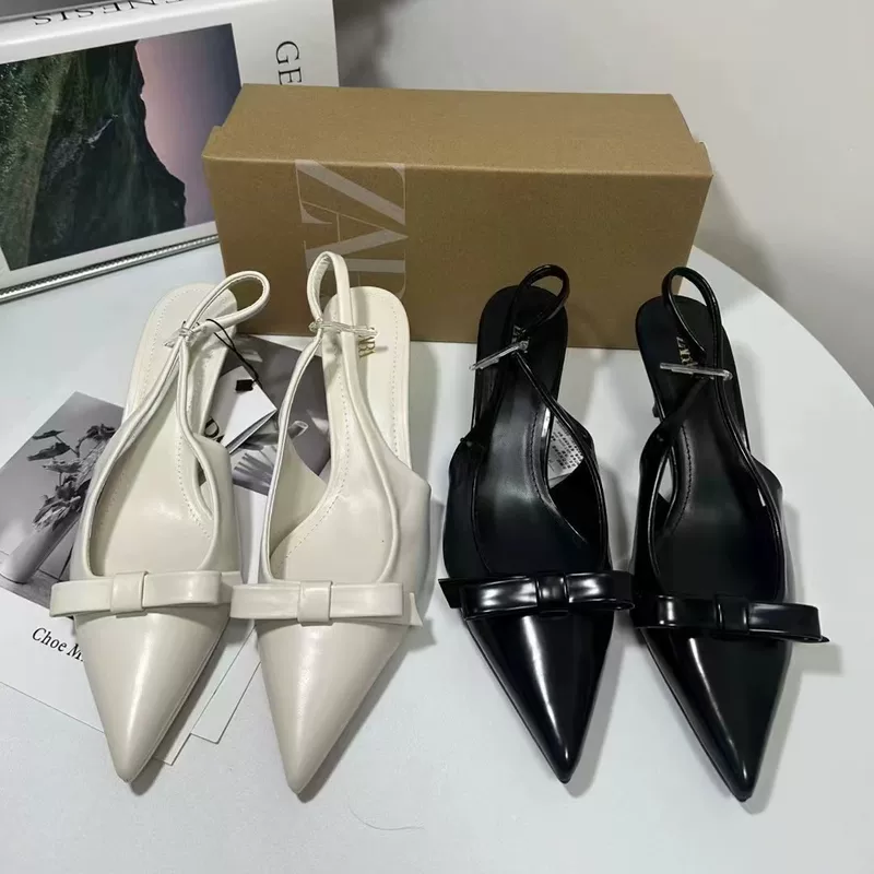 Туфли-лодочки на шпильке Zara с открытой пяткой и бантом, низкий ремешок, заострённый носок