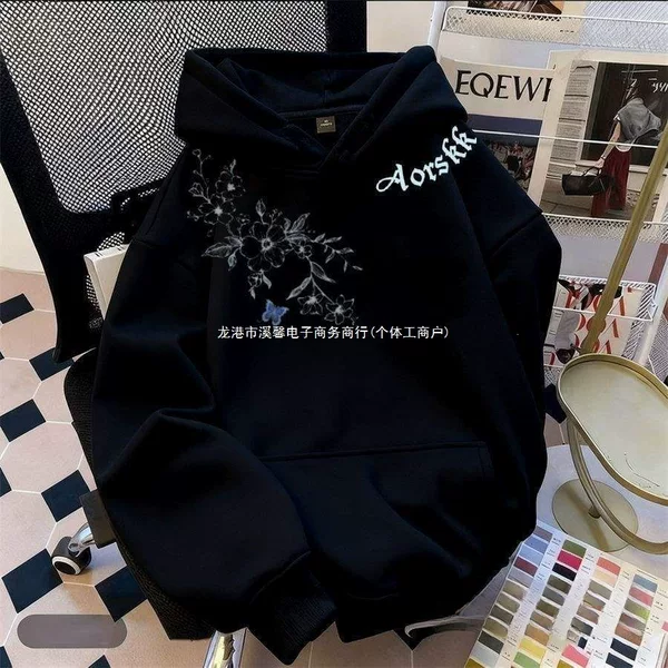 American-style rose letter print hooded sweatshirt for men and women, autumn and winter fleece-lined hoodie, loose and versatile, suitable for students, trendy men's top