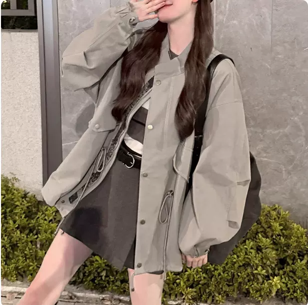 高级感英伦风复古风衣外套女秋季休闲宽松廓型抽绳收腰中长款上衣