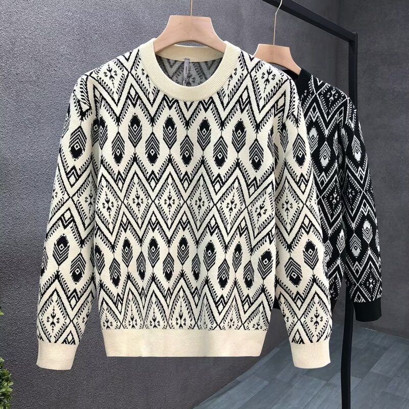 Autumn and winter diamond Plaid jacquard round neck sweater men's Korean-style youth casual sweater trendy all-matching bottoming shirt