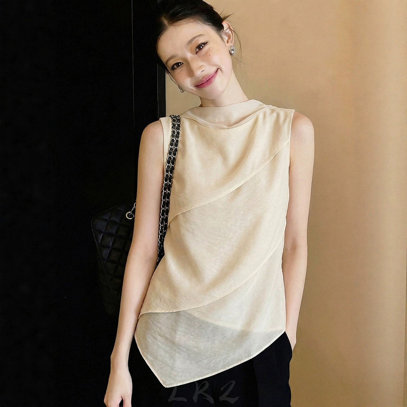 French-style high-end sleeveless top for women, summer, with an irregular hem design, simple, mature, and elegant shirt French-style high-end sleeveless top for women, summer, with an irregular hem design, simple, mature, and elegant shirt