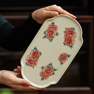 Jihuan Ru Kiln Peony Ceramic Tea Tray Home Tea Set Begonia Dry Bubble Pot Tea Tray Tea Accessories
