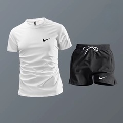 夏アイスシルク速乾半袖ショーツスーツメンズフィットネスランニングスポーツTシャツ七分パンツセットメンズ薄手