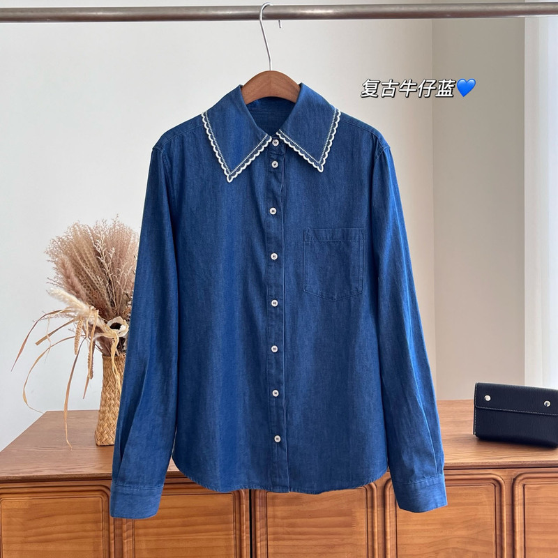 26 Autumn New Korean-style Retro Fashion Versatile Women's Embroidered Lace Collar Denim Long-Sleeve Shirt ss09071 26 Autumn New Korean-style Retro Fashion Versatile Women's Embroidered Lace Collar Denim Long-Sleeve Shirt ss09071
