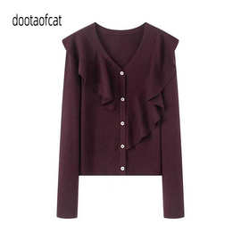 2025冬季新款时尚百搭花边显瘦毛针织开衫V领外套上衣5309AC01569