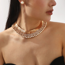 N12427夸张宽版金色表带镶钻颈链 轻奢小众气质几何重工首饰套装