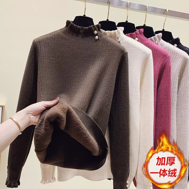 一体绒加绒毛衣加厚女装2022秋冬新款水貂半高领发热打底衫长袖