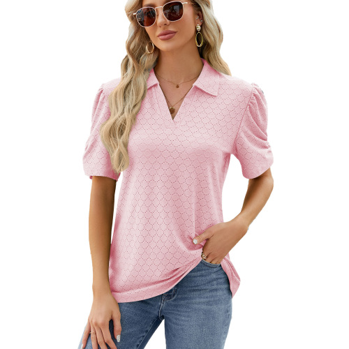 Amazon European and American cross-border foreign trade 2024 spring and summer new solid color V-neck short-sleeved loose T-shirt top for women