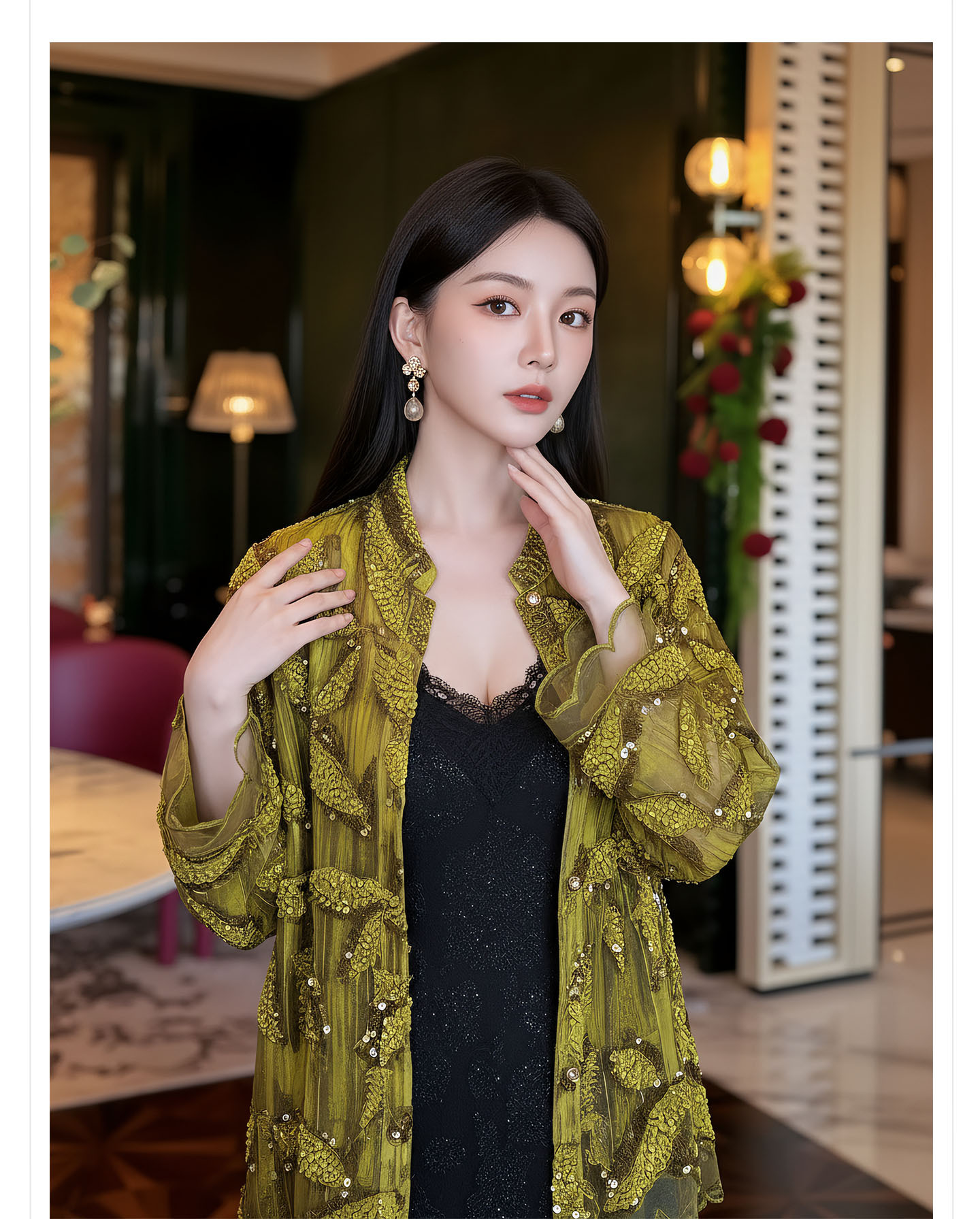 Bộ áo kiểu tân cổ điển phối váy yếm ren hoa thêu — Bộ【Áo vàng xanh + Váy yếm màu matcha】, Áo vàng xanh, Váy yếm màu matcha, Váy yếm đen cao cấp chi tiết 9