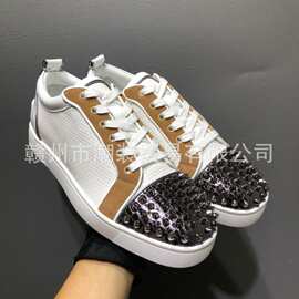cl andgz拼色格子纹鞋头钉低帮红底鞋男鞋铆钉运动休闲板鞋女鞋