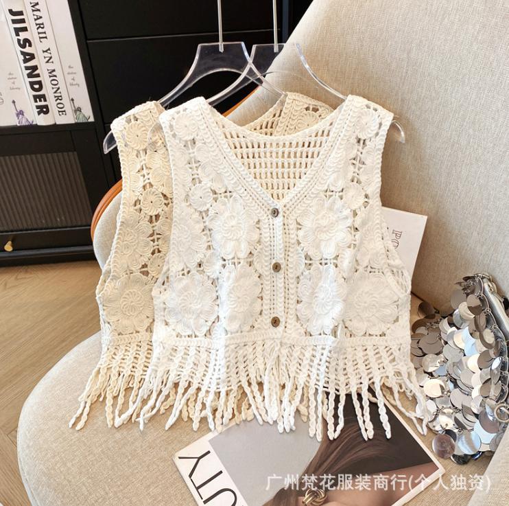 Ethnic Style Diamond Plaid Tassel Knitted Vest Women's Xinjiang Grassland Seaside Vacation Hollow Waistcoat Cardigan
