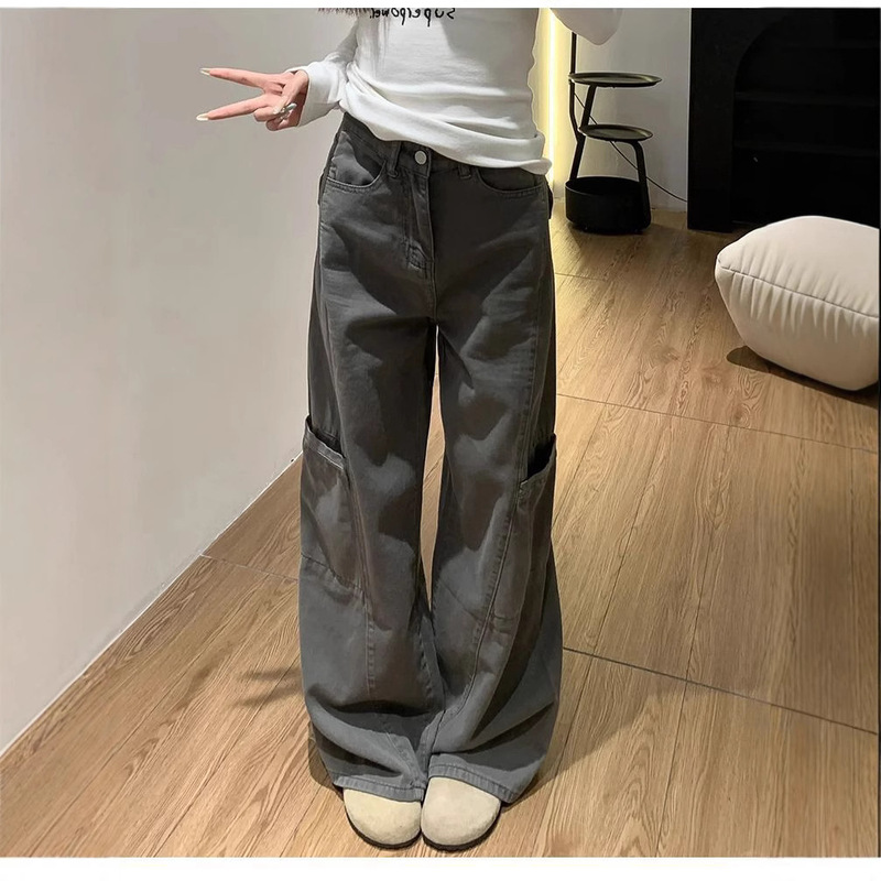 Gray Wide-Leg Cargo Pants for Women, Summer New Style, Plus-Size Loose Fit for Pear-Shaped Body, Slimming Straight-Leg Jeans