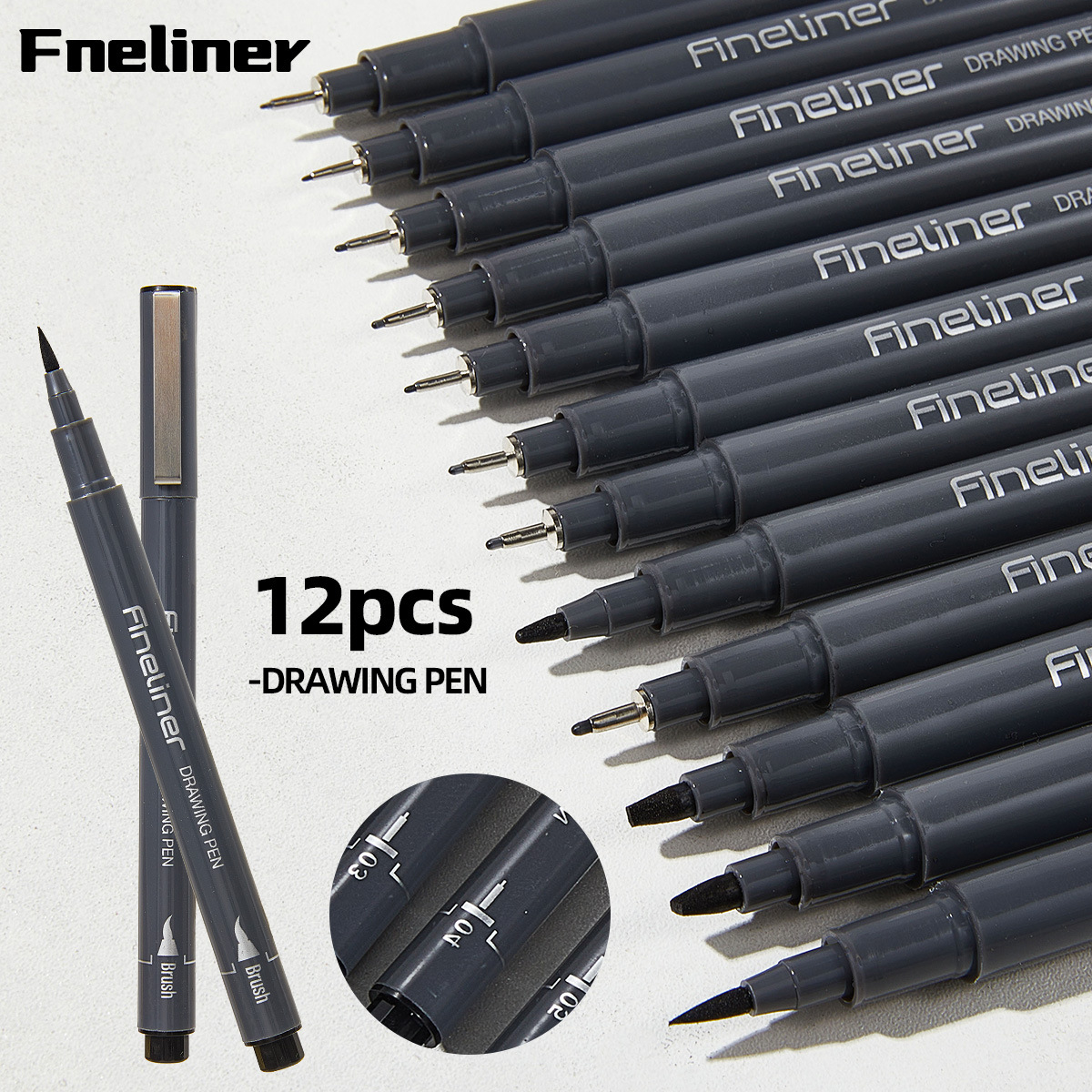 Cross-Border New Quick-Drying Needle-Tip Pen Set for Art, Hand-Drawn Sketching, Outlining, Signing, and Drawing, 12-Piece Set
