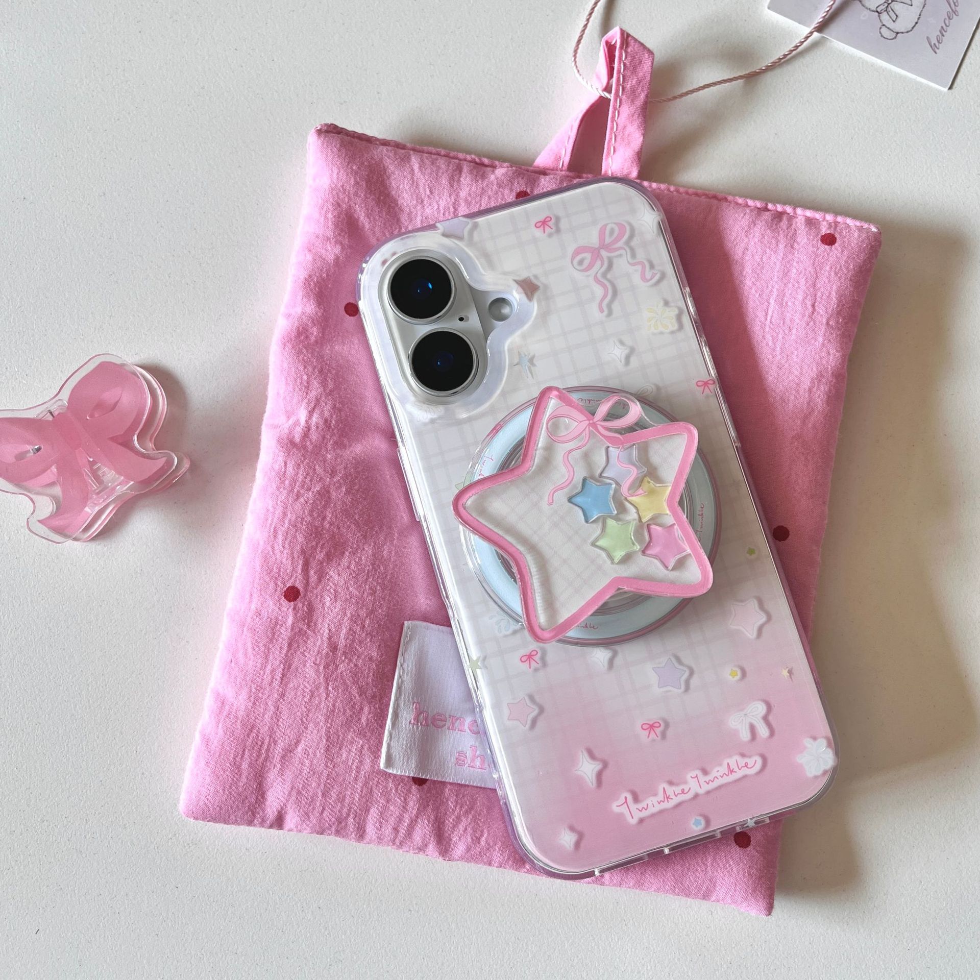 Estrella degradada del corazón de la niña para la carcasa del teléfono móvil Apple 15Pro 16ProMax atracción magnética 14/13 nicho 15PM nuevo