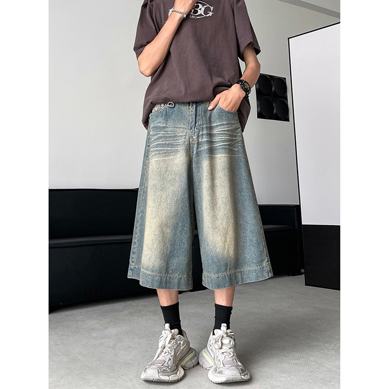 Men's Denim Shorts Summer New American Retro Loose Wide-Leg Pants Unisex Niche Design Cropped Pants Wholesale