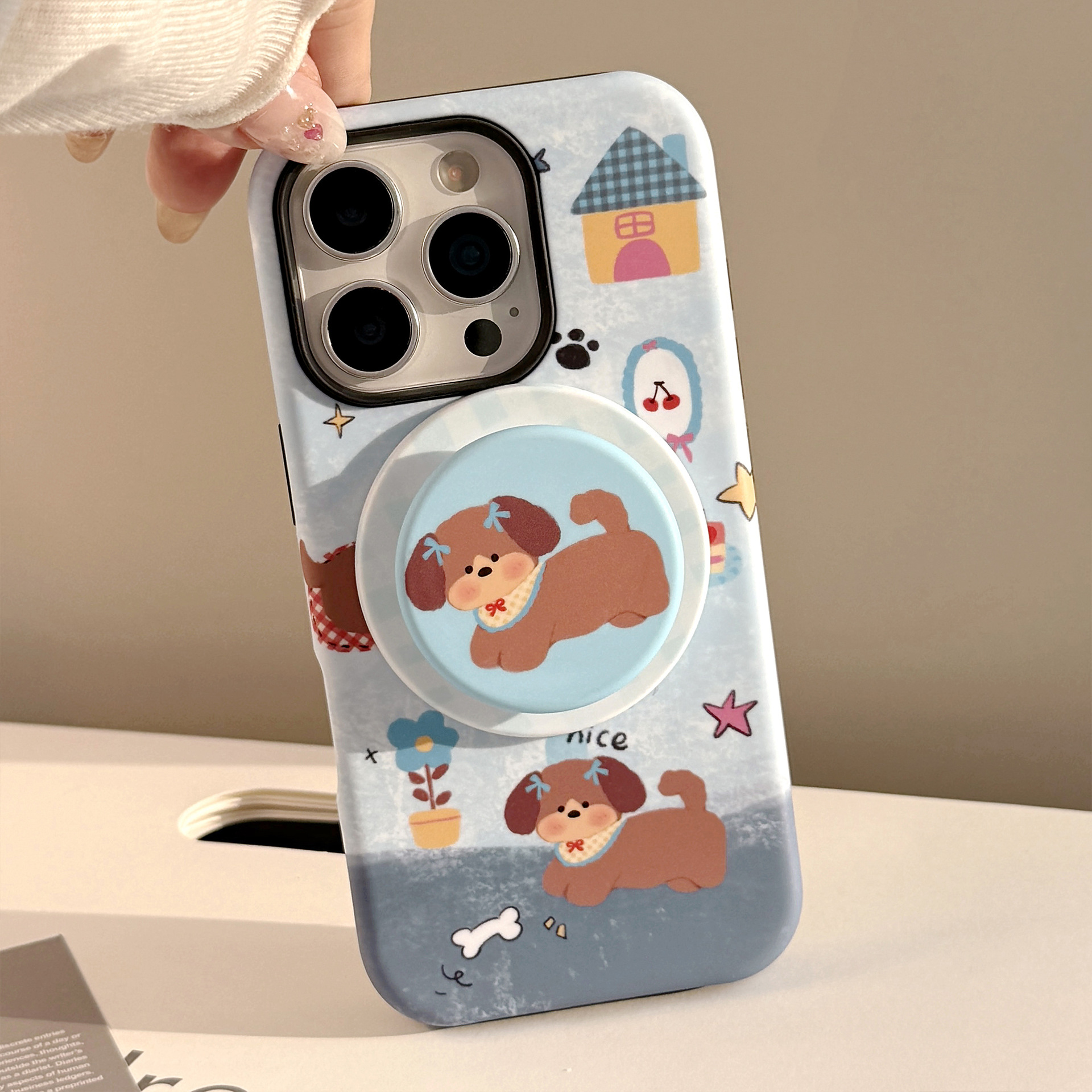 Cover telefono magnetica con supporto cucciolo iphone blu_voghion.com