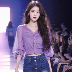 韓国系2025年の新型vネックの洋気は腰の灯籠の袖のシフォンを収めて女性の紫色のシャツをつなぎ合わせます。