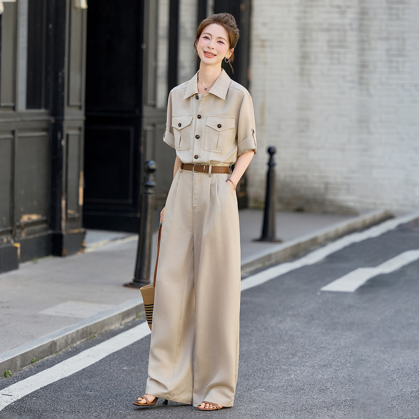 Women's Jumpsuit 2026 New Summer Short Sleeve Thin Design Petite Casual Lyocell Tencel Wide Leg Pants