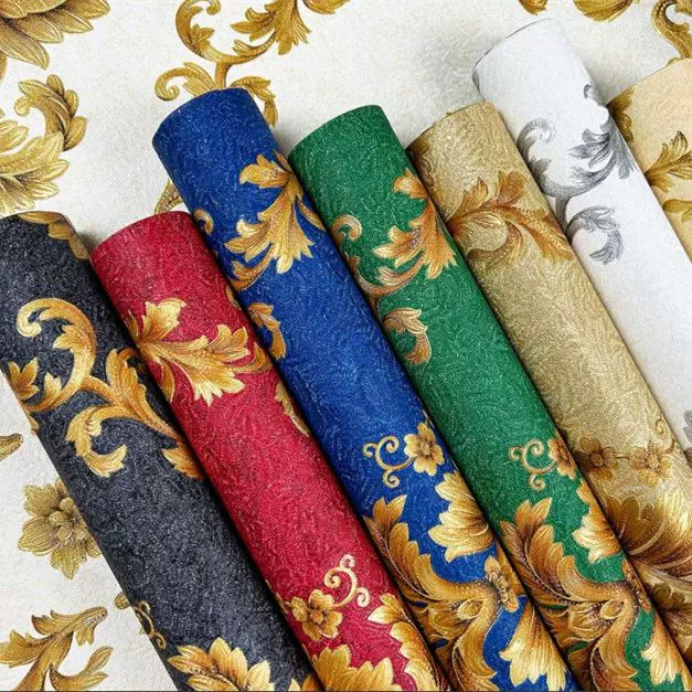 简约欧式大马士革壁纸外贸热销客厅背景墙卧室PVC压纹墙纸厂家