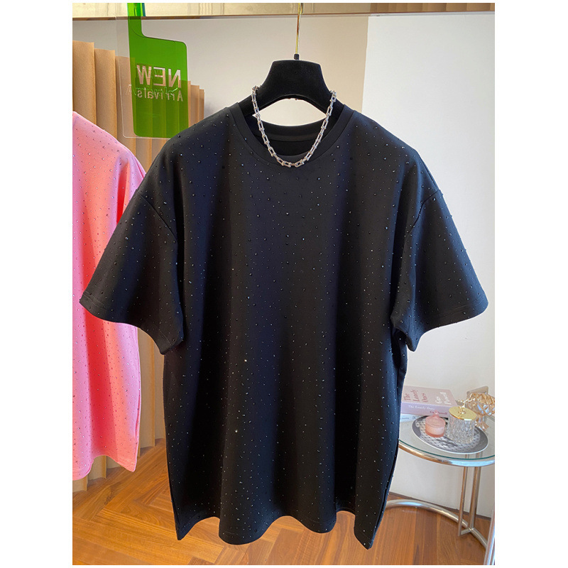 【太った妹】国潮牌黒純綿半袖tシャツ女性デザイン感キラキラカジュアル丸襟上着|undefined