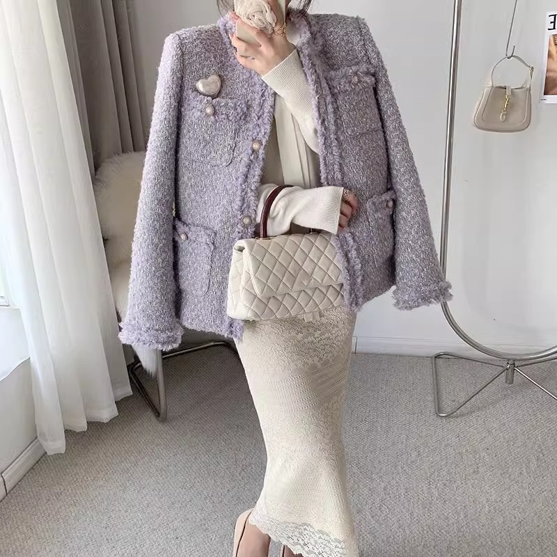 2025 Spring and Autumn New Purple Small Fragrance Jacket Women's Autumn and Winter Small Short Korean Lady Tweed Jacket