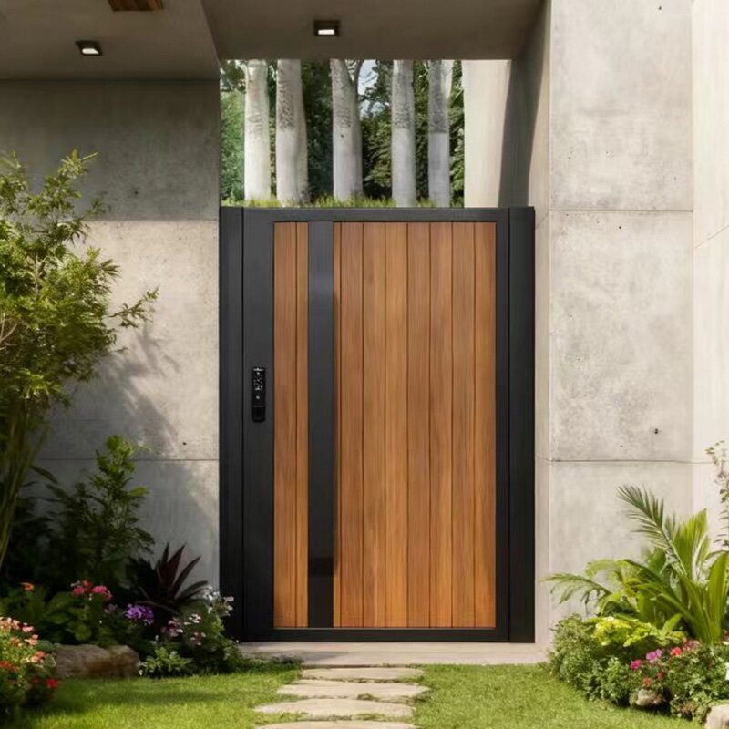 Modern Accessible Luxury Wood Grain Aluminum Art House Courtyard Door Outdoor Entrance Door Waterproof and Rust-Proof Aluminum Alloy Single Door