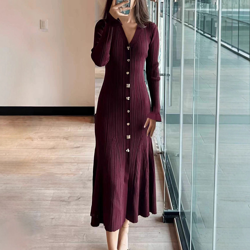 European and American Cross-Border Amazon Independent Site Autumn and Winter New French Elegant Pullover Dress Slim Fit Slimming Knitted Dress for Women