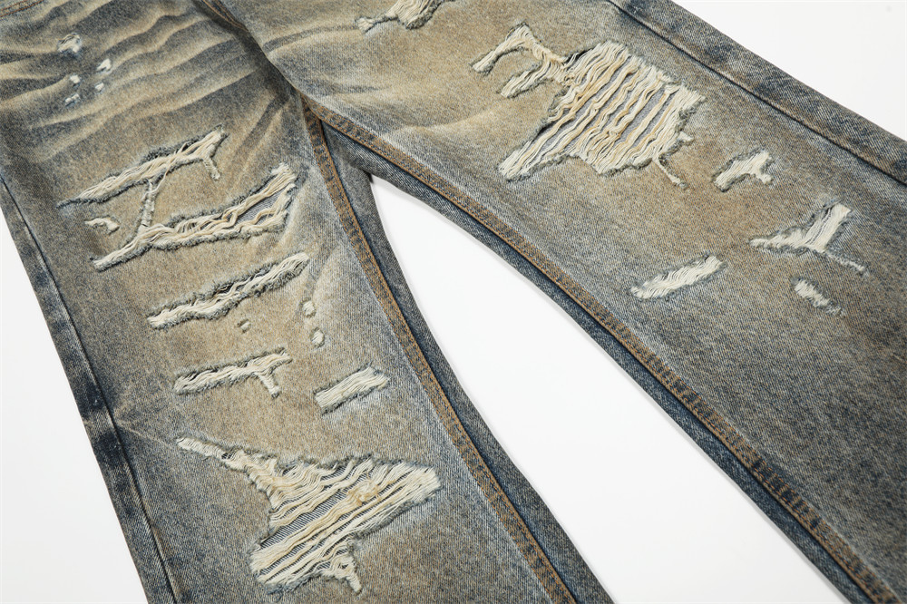 "Men's Distressed Denim Jeans - Punk Style Loose Fit Washed Blue Denim Trousers For Streetwear & Grunge Fashion"_mkmklike.com