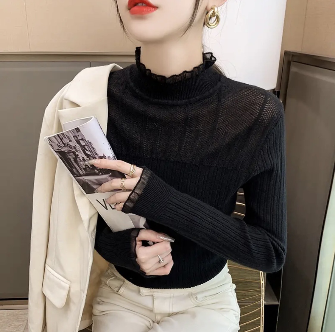 2023 otoño e invierno nuevas mujeres slim fit encaje hueco suéter interior medio cuello alto camisa de fondo para mujeres image 6