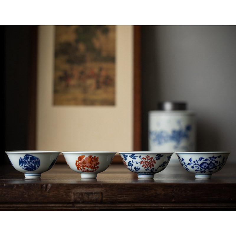 仿古青花瓷泡茶杯釉里红主人杯缠枝莲压手杯单个大号陶瓷茶碗