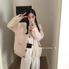 设计感灰色刺绣毛衣外套2025秋季独特超好看撞色镶边宽松针织开衫