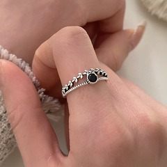 Double-layered twisted rope ring for women, individual black zirconium micro-engraved S925 silver open finger ring, retro fashion index finger ring, trendy