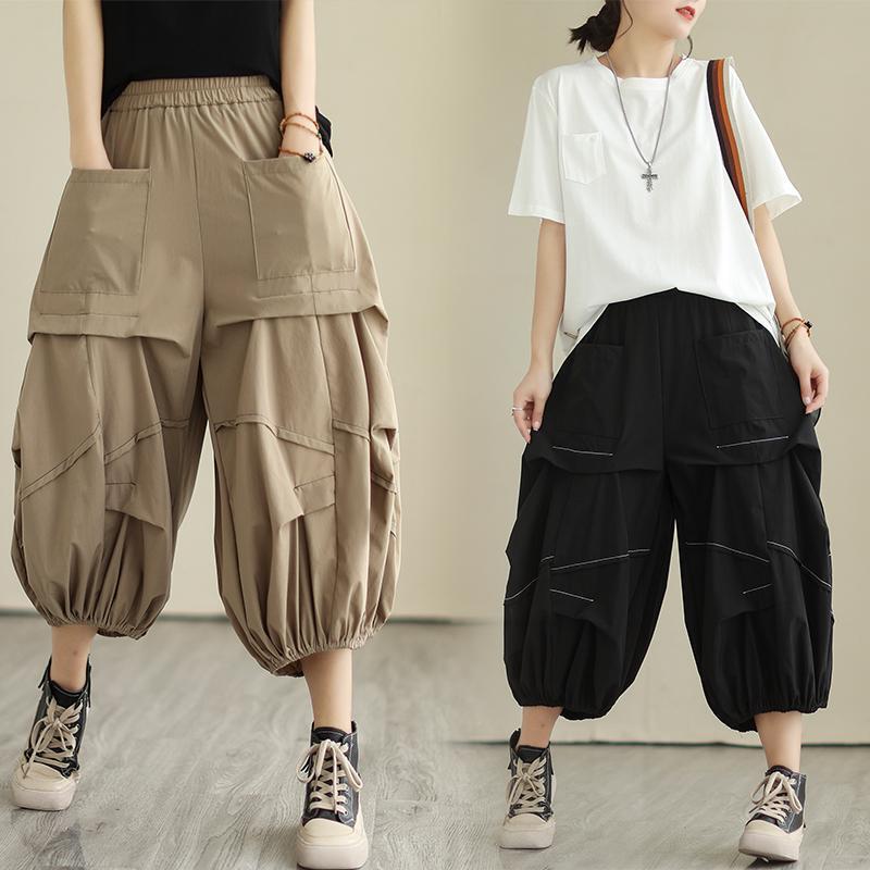 2026 Summer New Style Contrast Stitching Personality Pocket Pleated Trendy Versatile Thin Cropped Wide-Leg Pants for Women