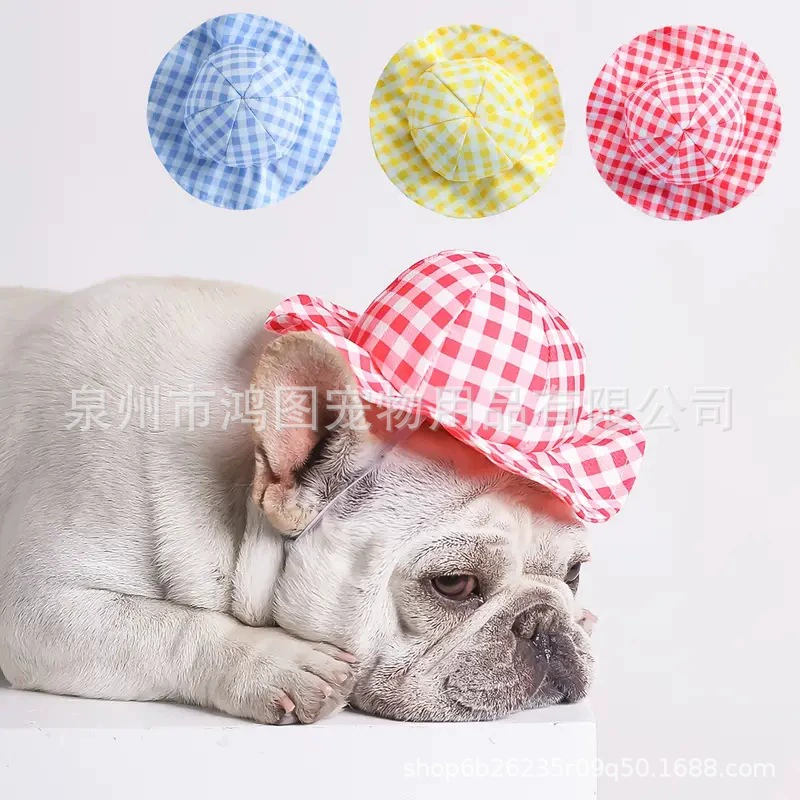 Кросс-бордерная собачья шапка, летнее прохладное фото украшение, желтая шапка для питомца, милая и модная клетчатая шапка для защиты от солнца для кошек