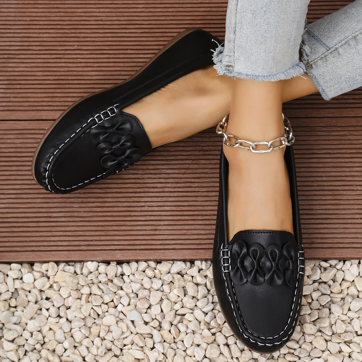Mocasines Planos para Mujer de Cuero Artificial, Tacón Bajo, Cierre Autoadhesivo, para Banquetes