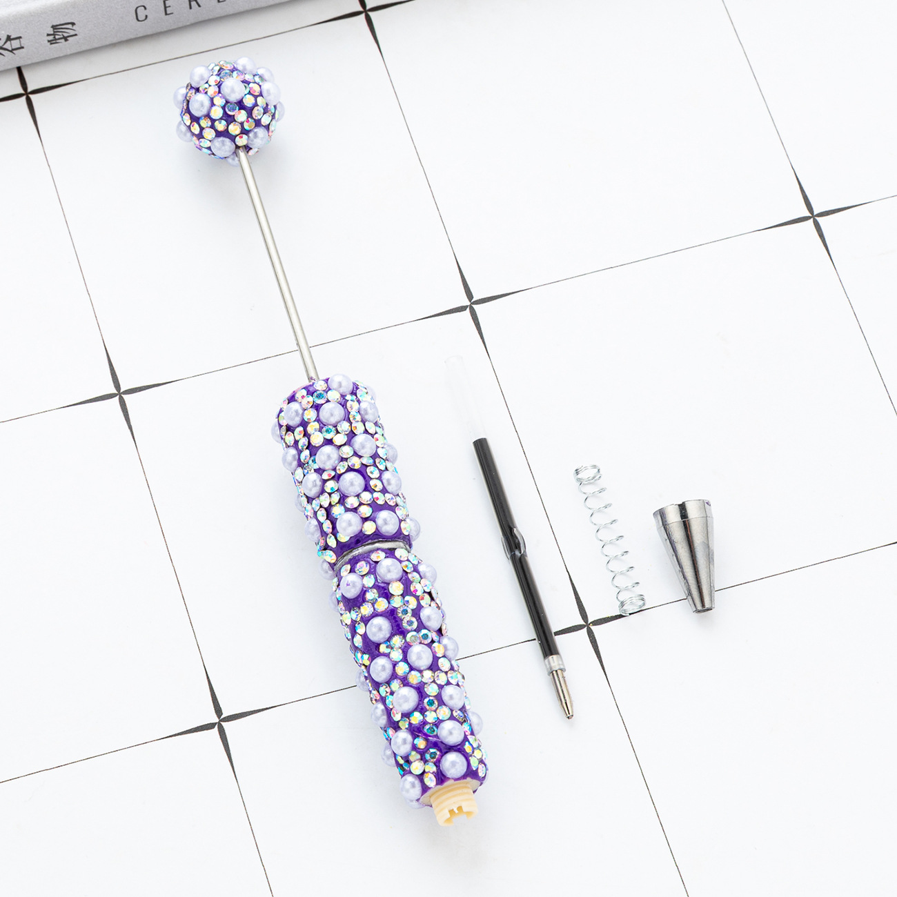 Bolígrafo con cuentas de perlas lleno de diamantes de bricolaje, bolígrafo con cuentas de perlas de diamantes pegados a mano, bolígrafo con cuentas de plástico multicolor